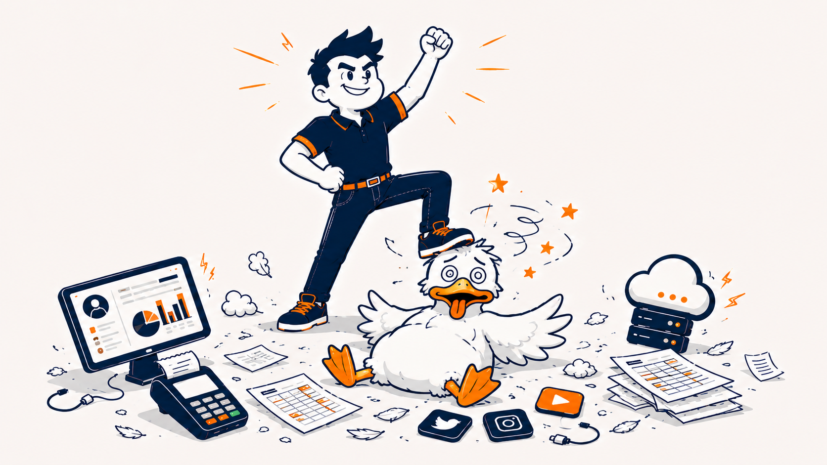 Illustration of a founder standing confidently with one foot on a flustered goose, surrounded by the dashboards, card readers, spreadsheets, social apps and servers of a business being brought under control.